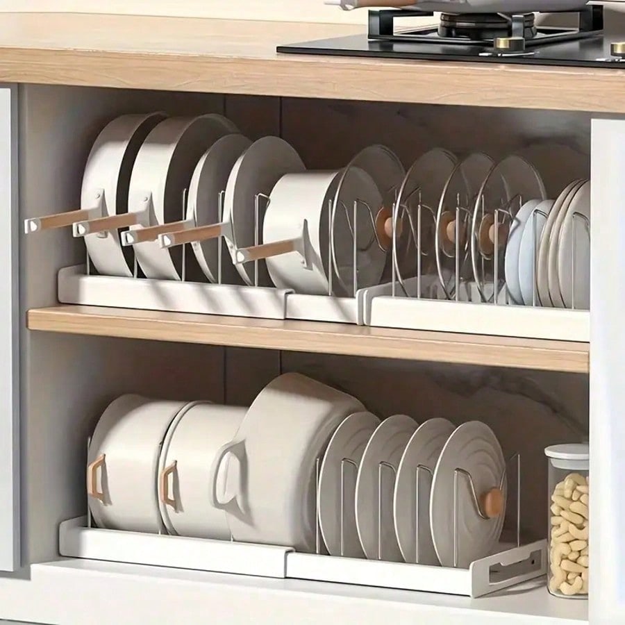 Kitchen Cabinet Baking Organizer - 調整可能な仕切り収納ラック、拡張可能なキッチンキャビネットオーガナイザー、調理器具、蓋、ベーキング用品用の耐久性のあるホルダー