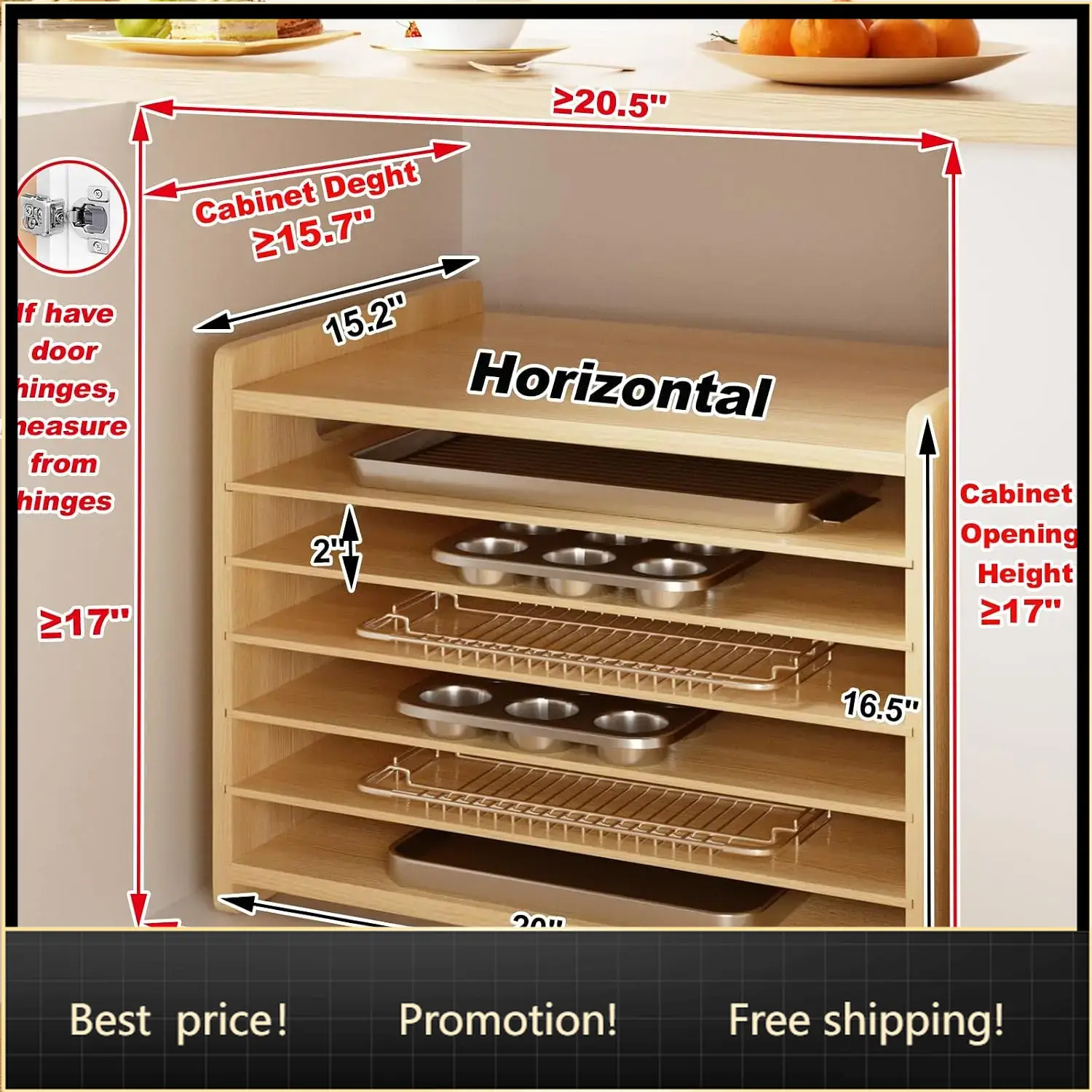 Kitchen Cabinet Baking Organizer - 7段木製トレイディバイダー（キャビネット用）、鍋やフライパン用クッキーシートオーガナイザー、キッチン書類用ベーキングトレイオーガナイザー