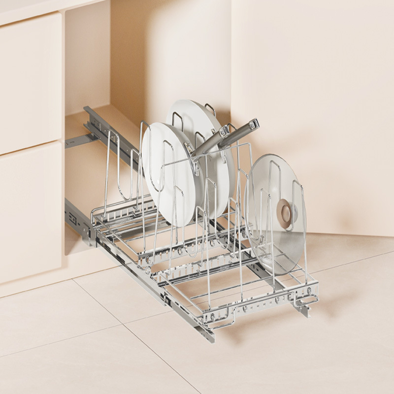 Kitchen Cabinet Baking Organizer - ステンレス製キッチンキャビネット用引き出し式収納ラック、緩衝ガイドレール付き、高さ調節可能な収納バスケット、鍋蓋、焼き型などを収納