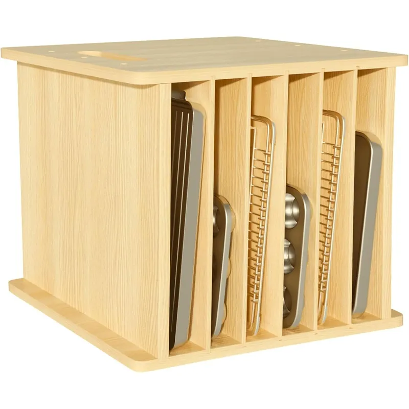 Kitchen Cabinet Baking Organizer - 7段式の木製トレイ仕切り。キャビネット用、クッキー用、鍋やフライパン用、ベーキングトレイ用、キッチン用品や書類の整理に。