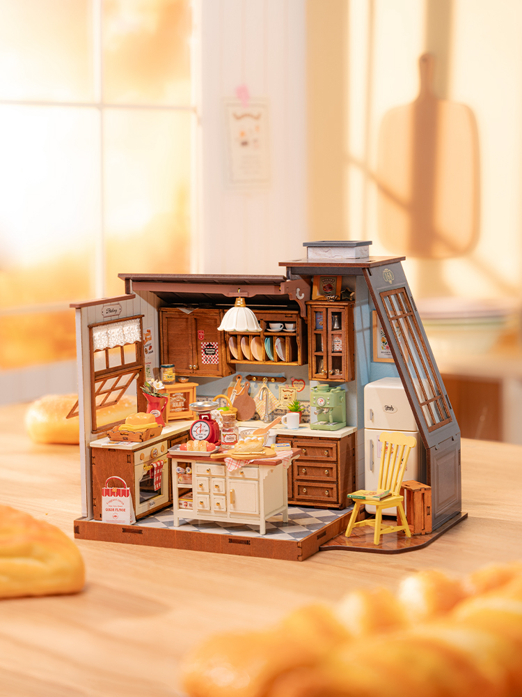 Baking Kitchen Dg172 - Robotime Rolife ベーキングキッチン 木製ドールハウス 3Dパズル ミニチュア