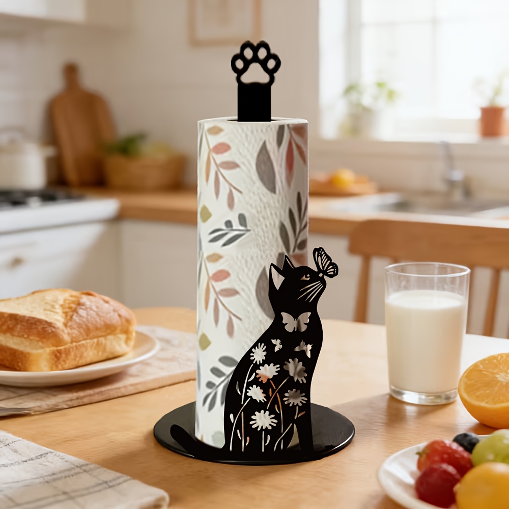 Kitchen Baking Paper Holder - 1個入り 2Dフラットデザインのかわいい黒猫と蝶のペーパータオルホルダー、キッチンカウンタートップ用ロールペーパー収納ラック、ヴィンテージファームハウス風バスルーム用ペーパーホルダー、クリエイティブな動物シルエットデザイン、高級感のあるホーム収納