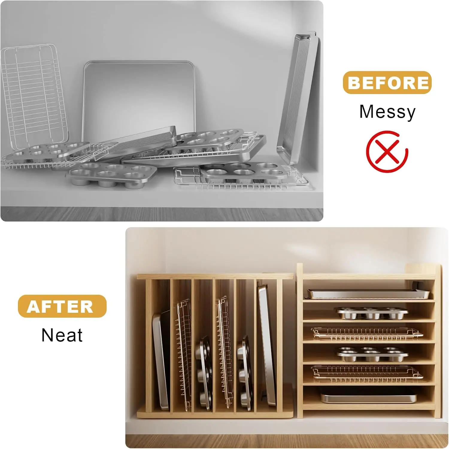 7段木製トレイディバイダー（キャビネット用）、鍋やフライパン - Kitchen Cabinet Baking Organizer のレビューと価格
