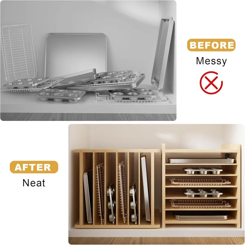 7段式の木製トレイ仕切り。キャビネット用、クッキー用、鍋やフ - Kitchen Cabinet Baking Organizer のレビューと価格